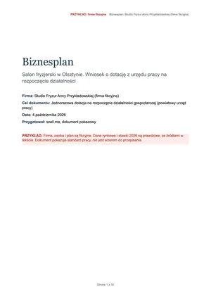 Przykład, strona 1: okładka biznesplanu