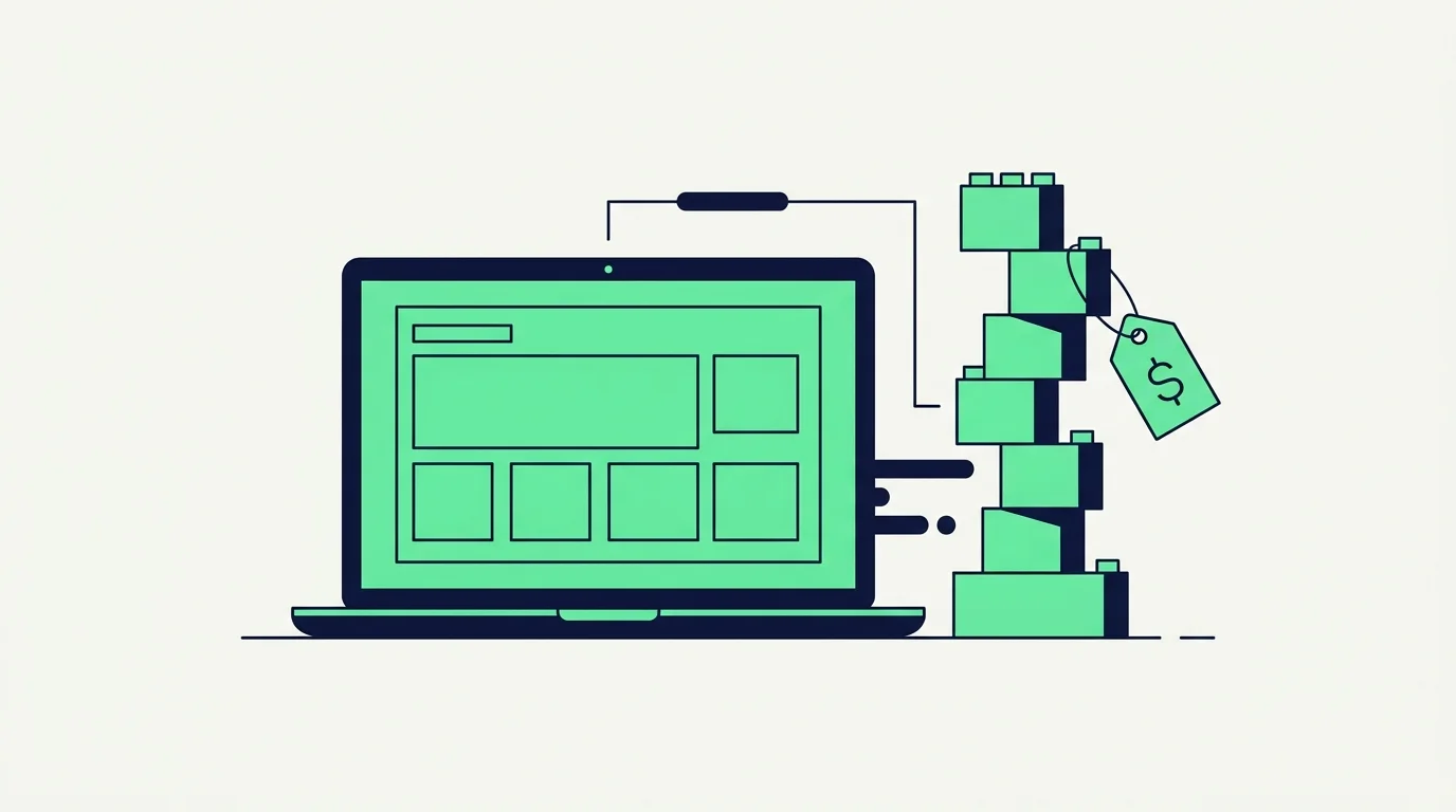A laptop showing a website mockup next to a stack of blocks with a price tag