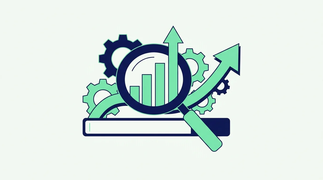 A magnifying glass over a growth chart and gears, a symbol of ranking a website in Google
