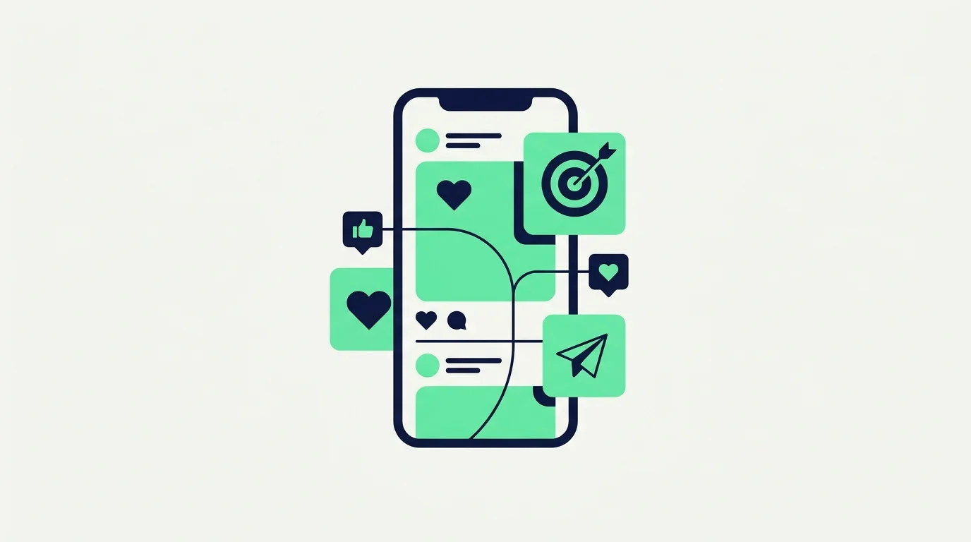 A phone with social media posts, likes and an ad campaign target