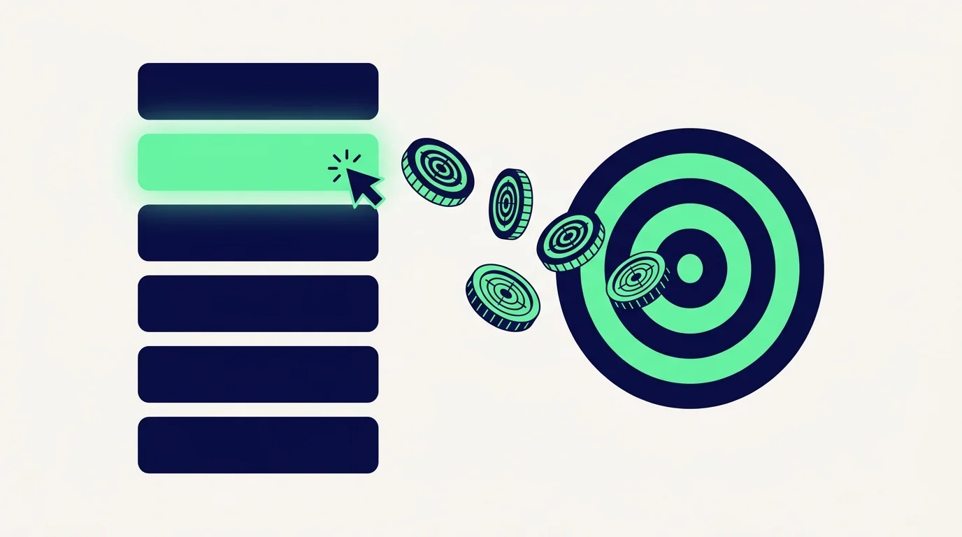 A list of search results with a clicked ad and coins flying towards a target