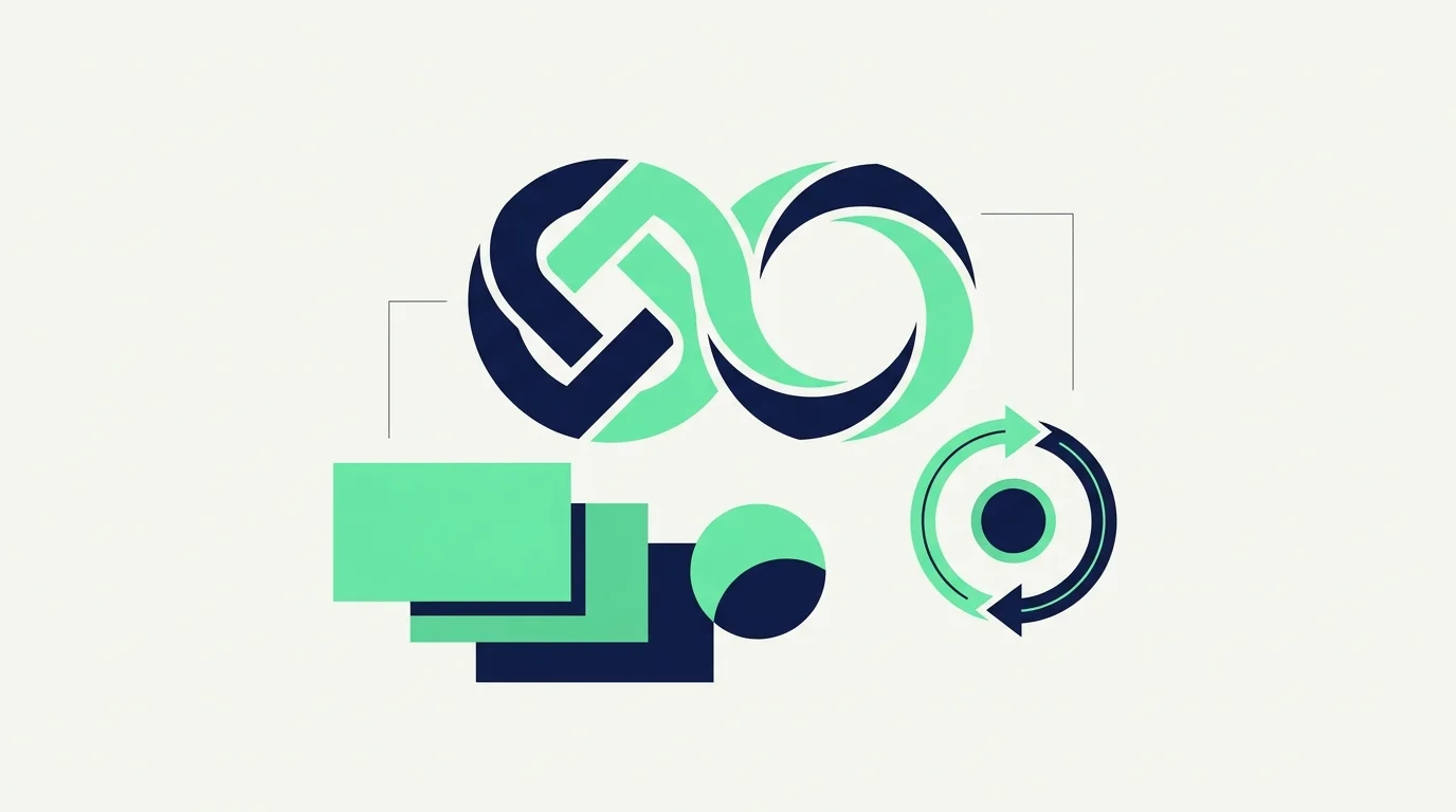 Interlocking shapes and refresh arrows, a symbol of rebranding