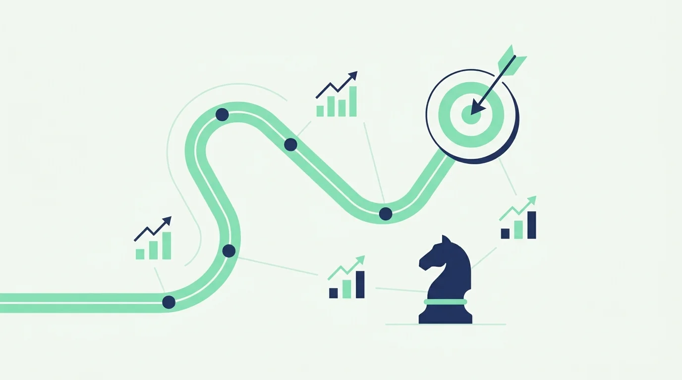 A winding road with growth charts leading to a target, with a chess knight beside it