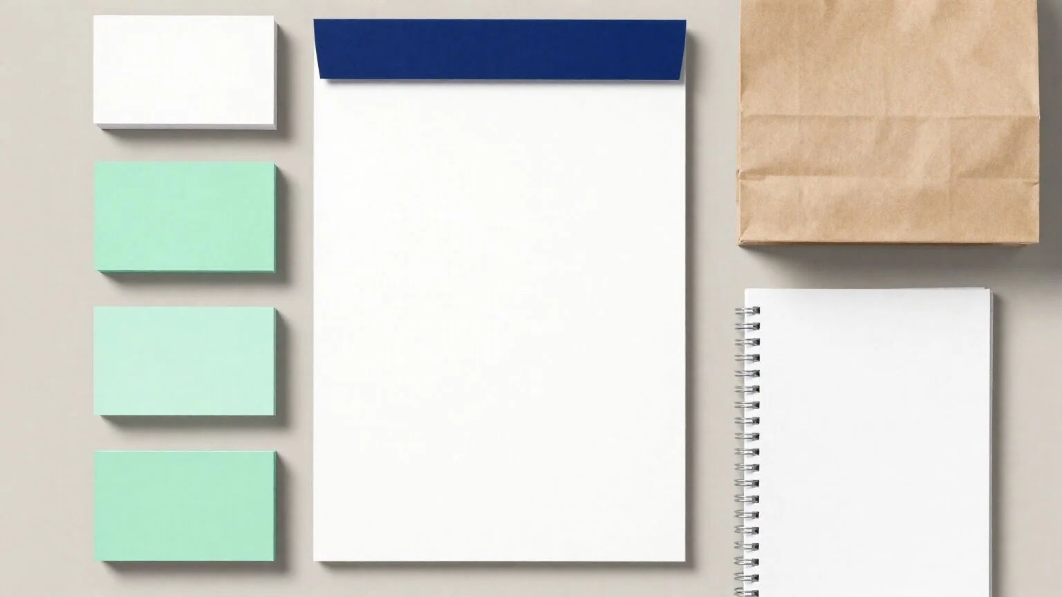 Unprinted brand stationery: mint business cards, letterhead with a navy stripe, a notebook and a bag