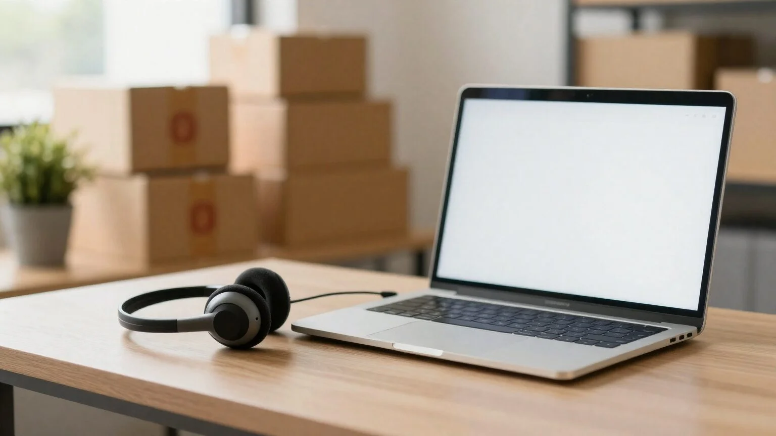 Customer service desk of an online shop: a headset, a laptop and parcels ready to ship