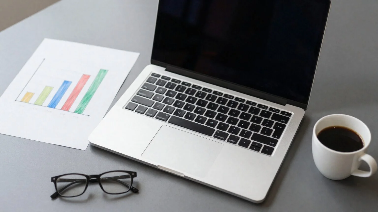 Desk with a laptop, coffee and a printout of a simple bar chart for analysing Google Analytics 4 data
