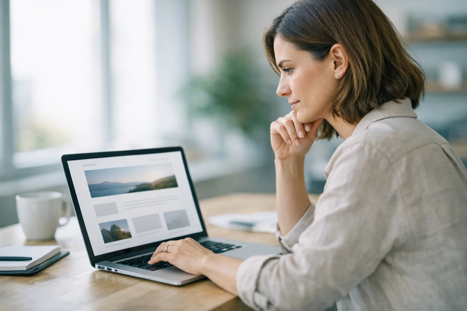 Small business owner analyzing a landing page layout on a laptop in a bright office
