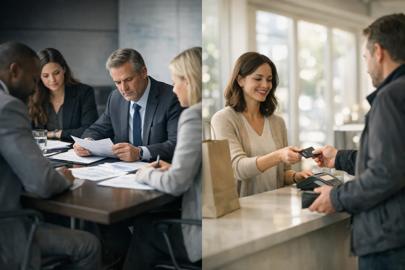 A side-by-side of two business scenes: a team meeting in a conference room next to a shop counter with a retail customer