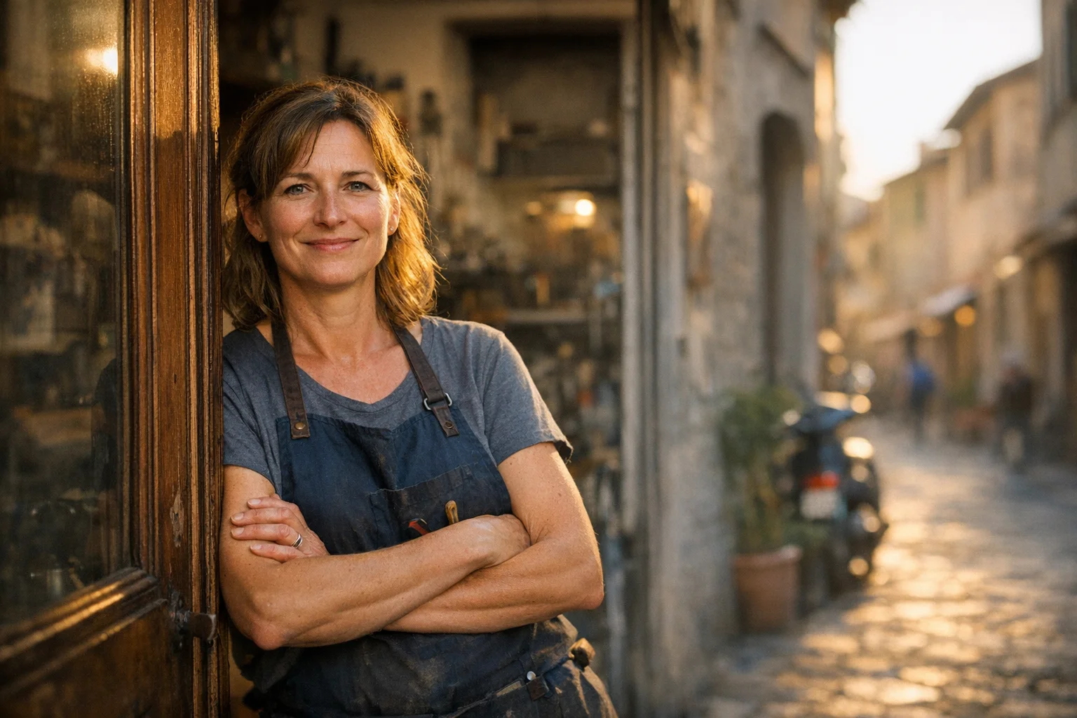 Owner of a small local service business standing in the doorway of their shop on a city street