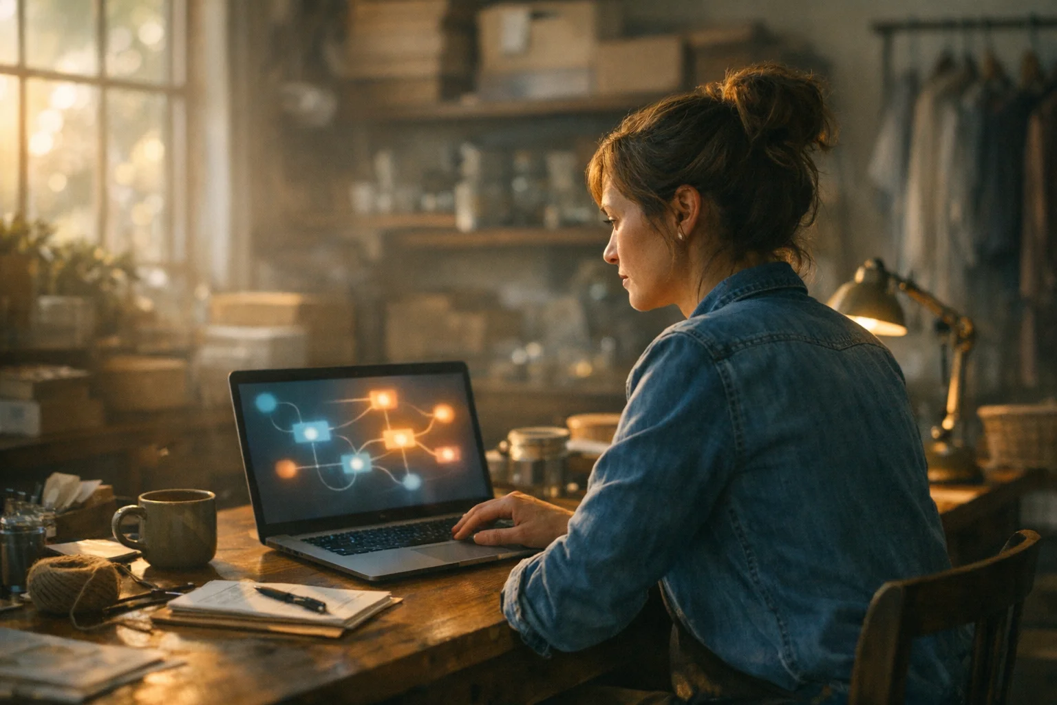 Small business owner at a laptop in the shop's back room setting up email automation