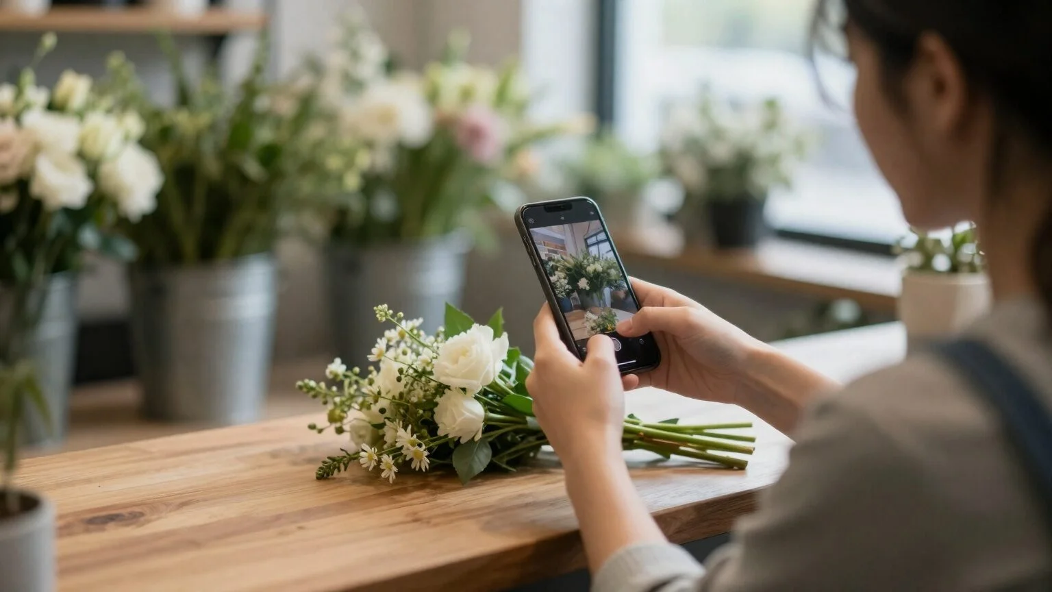 A florist photographs a bouquet with her phone on a wooden counter, ready to post on Instagram