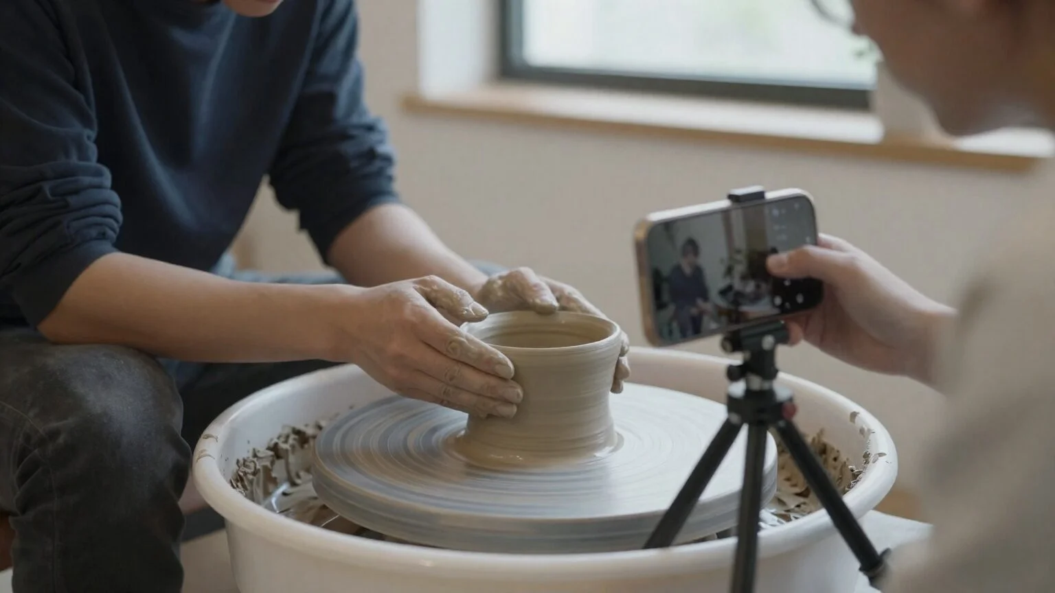 A phone on a tripod films a potter shaping a vessel on the wheel: a video about how a business works