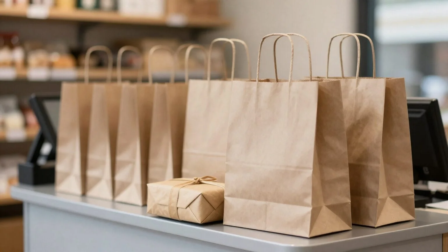 Paper bags and a wrapped parcel on a shop counter, ready for customers who completed their purchase