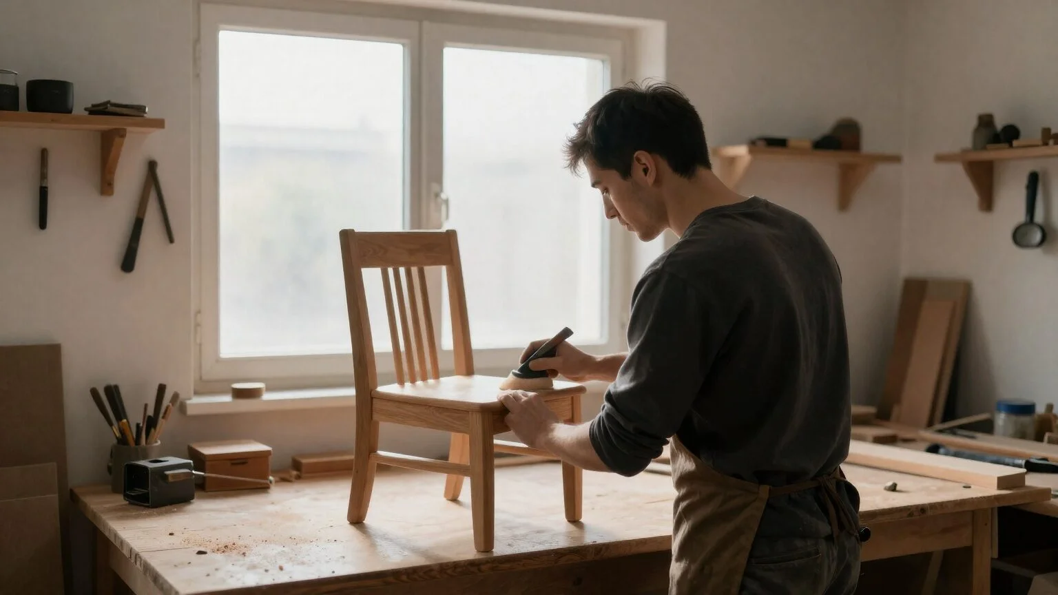 A carpenter sanding a wooden chair in his workshop: the business owner at work as the face of the brand