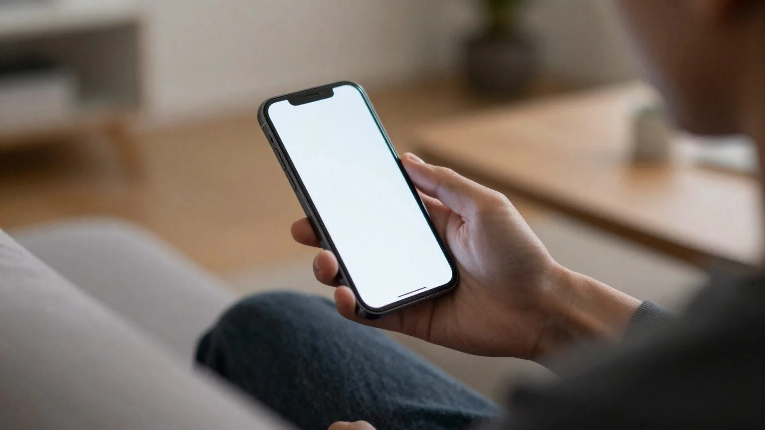 A hand holding a smartphone on a sofa in the evening, looking for answers in an AI assistant