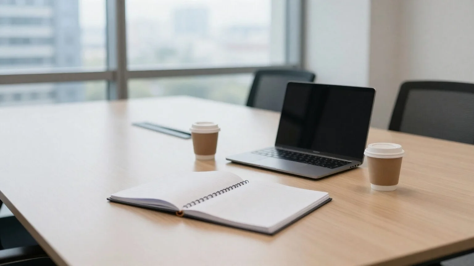 An office meeting room set up for a B2B meeting: notebook, laptop and two coffees on the table