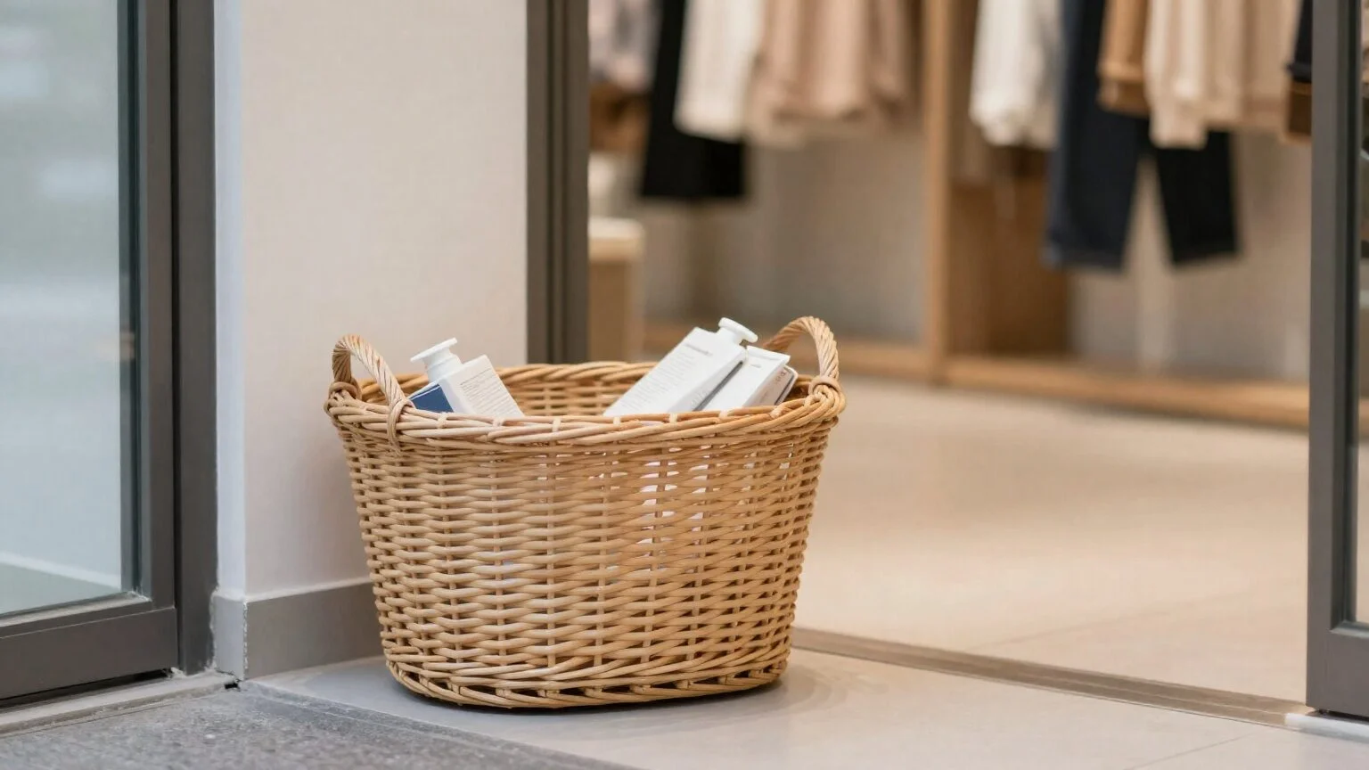 A wicker basket of products left by the shop exit: an abandoned purchase waiting to be recovered