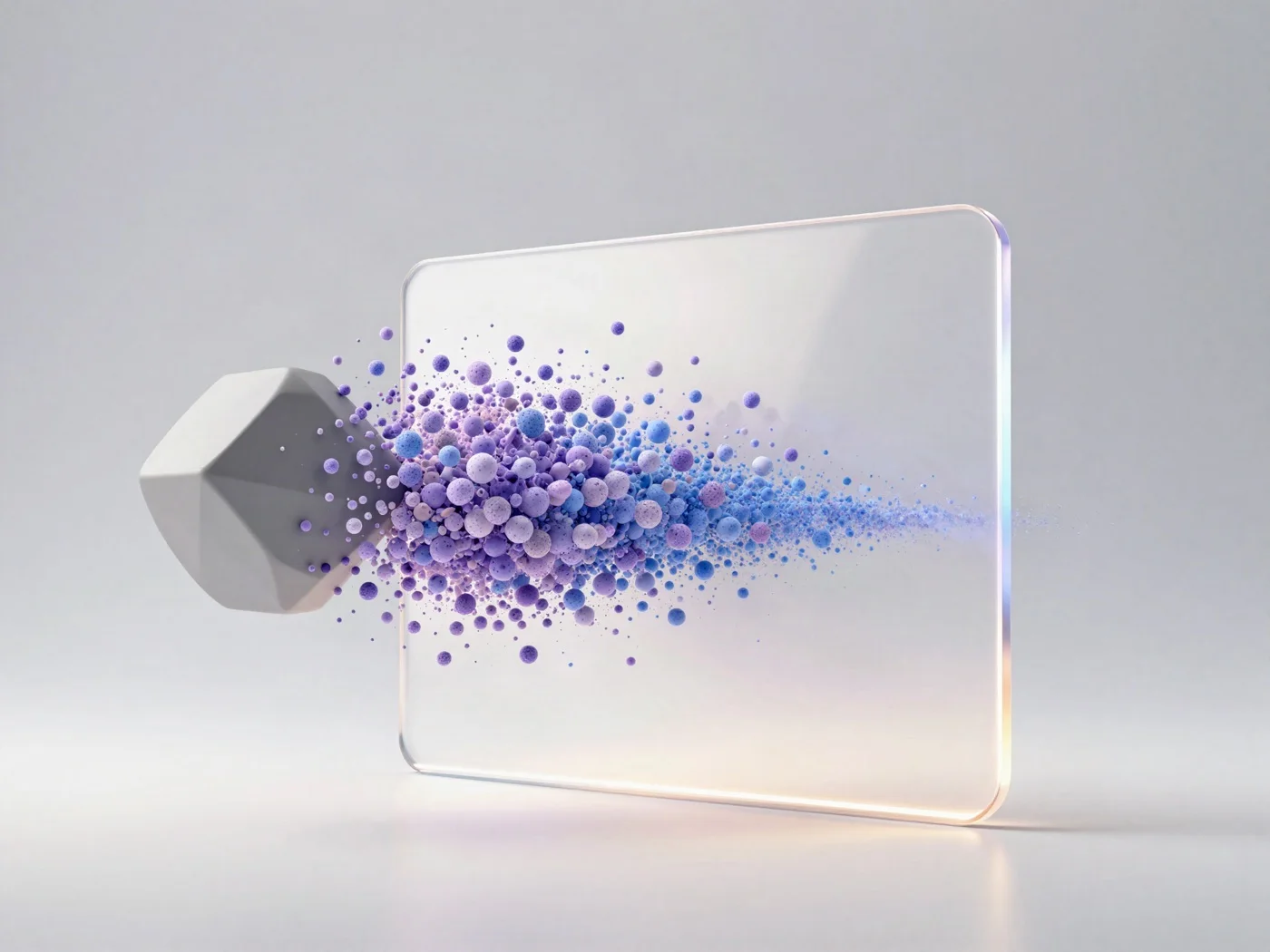 Gray block breaking into particles and reassembling into a bright pane of glass, a symbol of website modernization