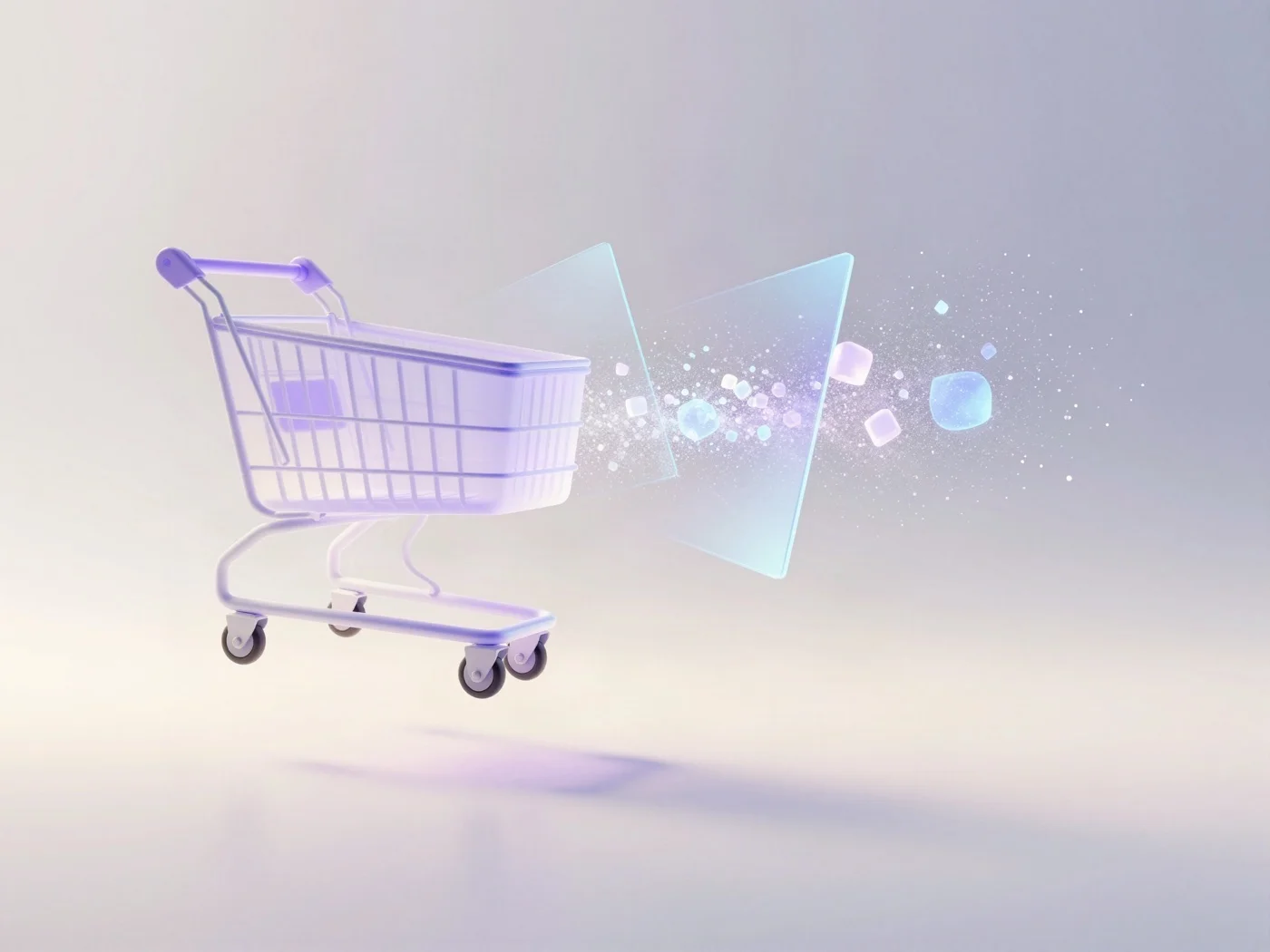 Transparent shopping cart breaking into particles, a symbol of the cost of building an online store