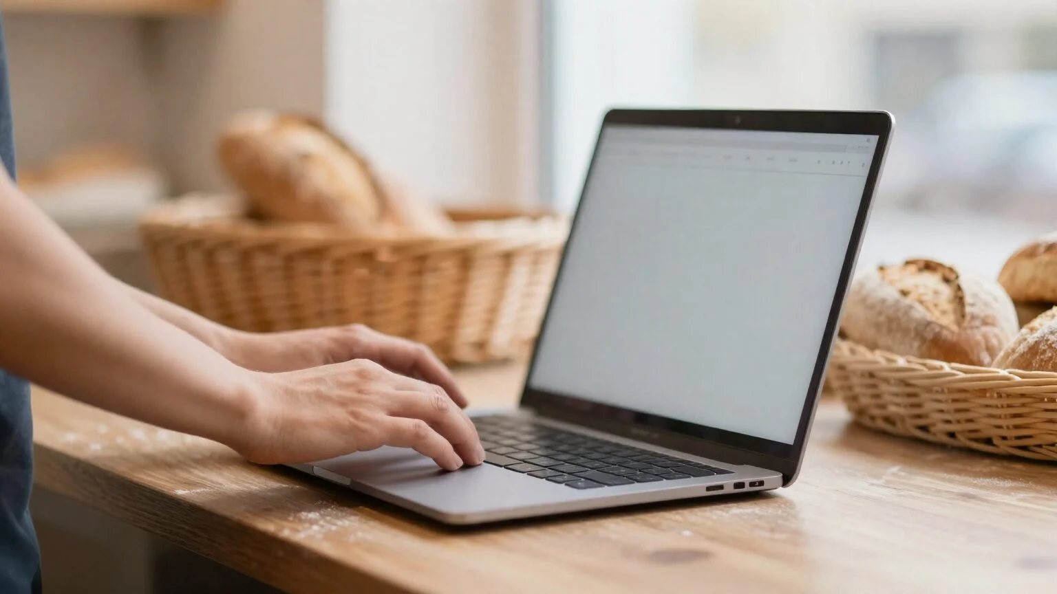 Hands of a bakery owner at a laptop on a wooden countertop in morning light