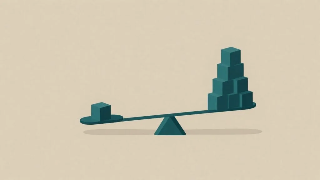 Illustration of a balance scale: one cube on one side, several on the other, as a picture of the advertising break-even point