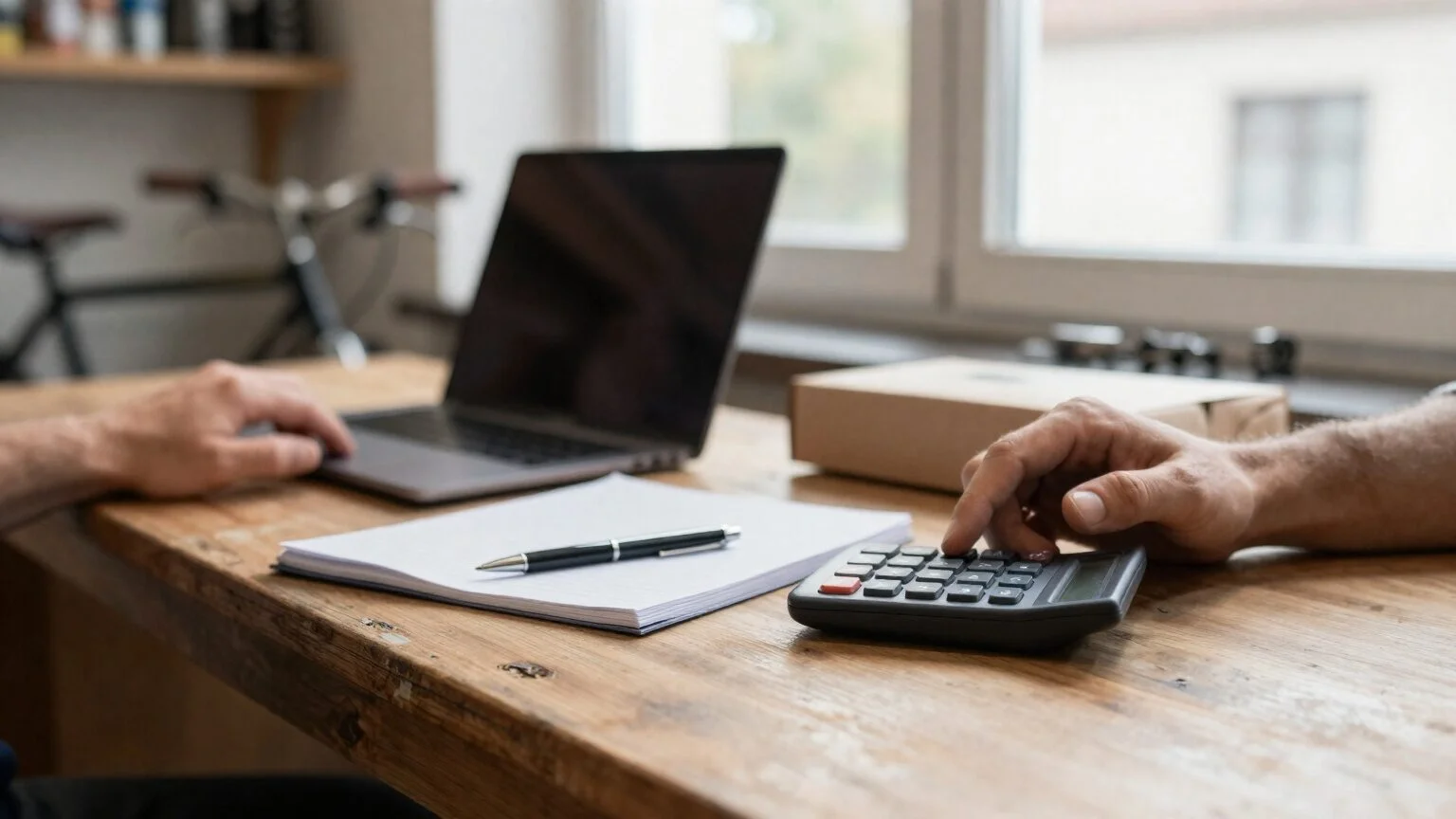 A bike shop owner's hands at the counter: a calculator, a notepad and a pen next to a closed laptop