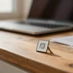 Mała kwadratowa ikona firmy leży na drewnianym blacie piekarni obok rozmytego laptopa