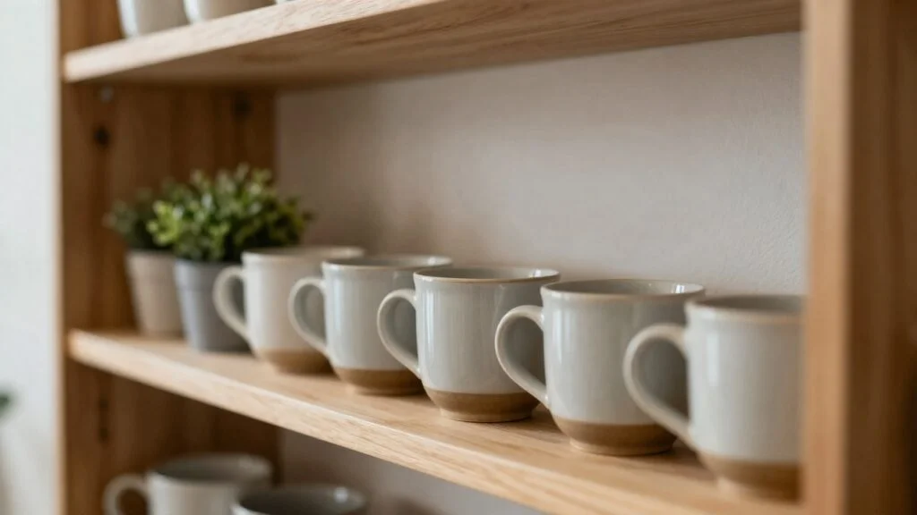 Drewniana półka z ręcznie robionymi kubkami ceramicznymi i małymi roślinami w niewielkim sklepie