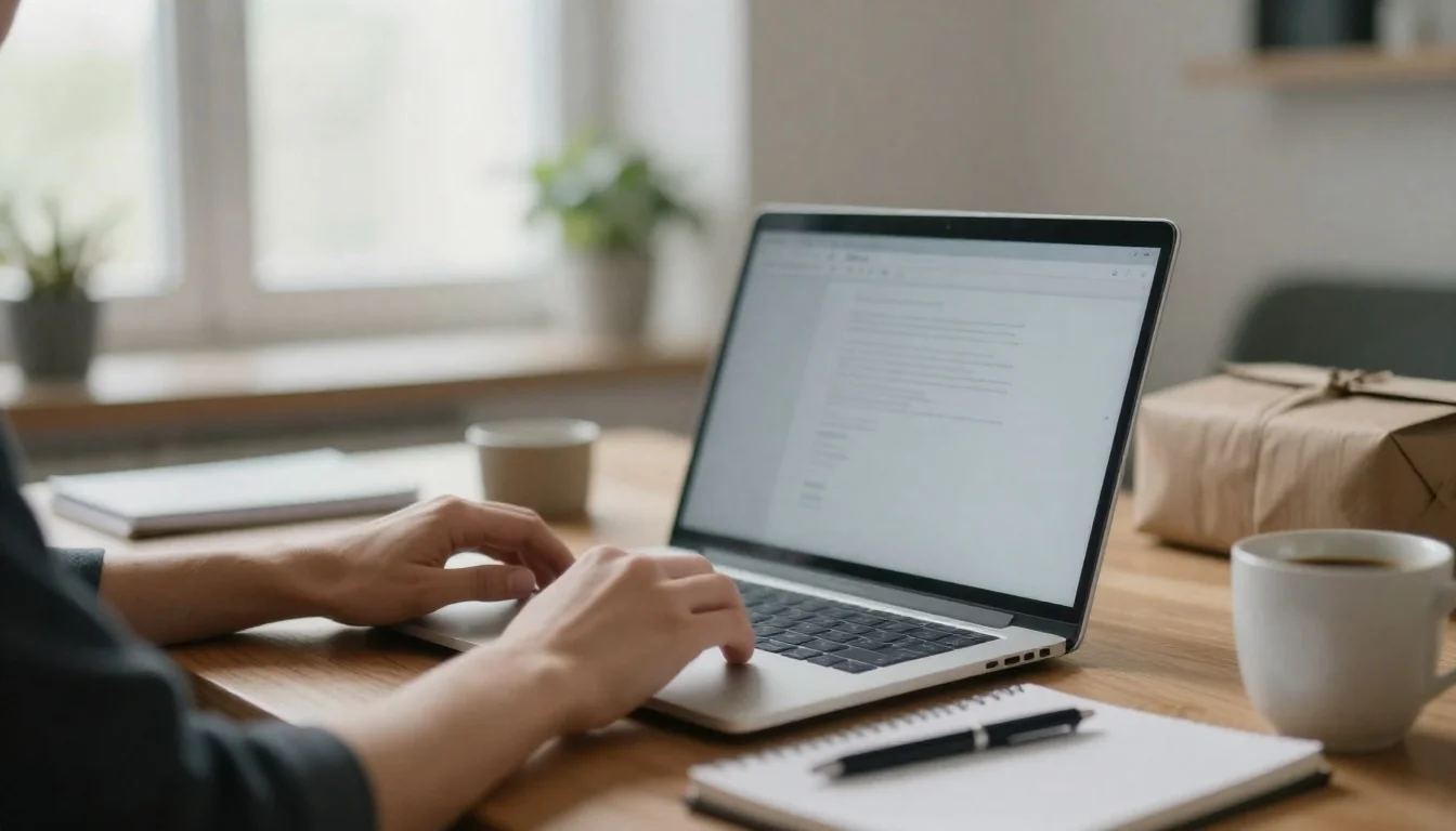 The hands of a small business owner at a laptop on a wooden desk in a small office, with a coffee and a parcel beside them