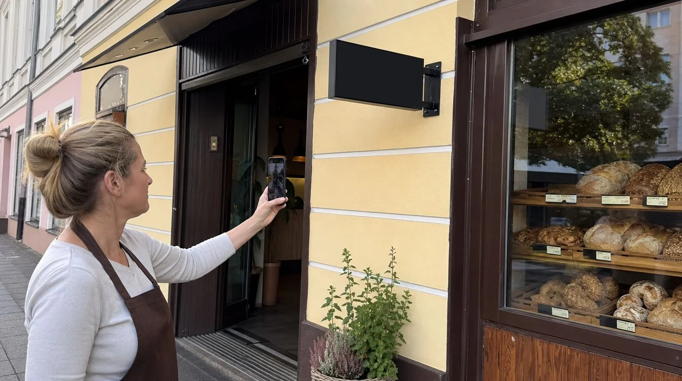 A bakery owner records the shop entrance on her phone during business profile verification