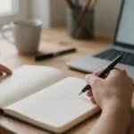 Dłonie przy laptopie na drewnianym biurku w małej pracowni, obok notatnik ze szkicem strony