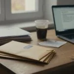 Stos nieotwartych listów urzędowych i awiza na biurku w małym biurze, obok zamknięty laptop