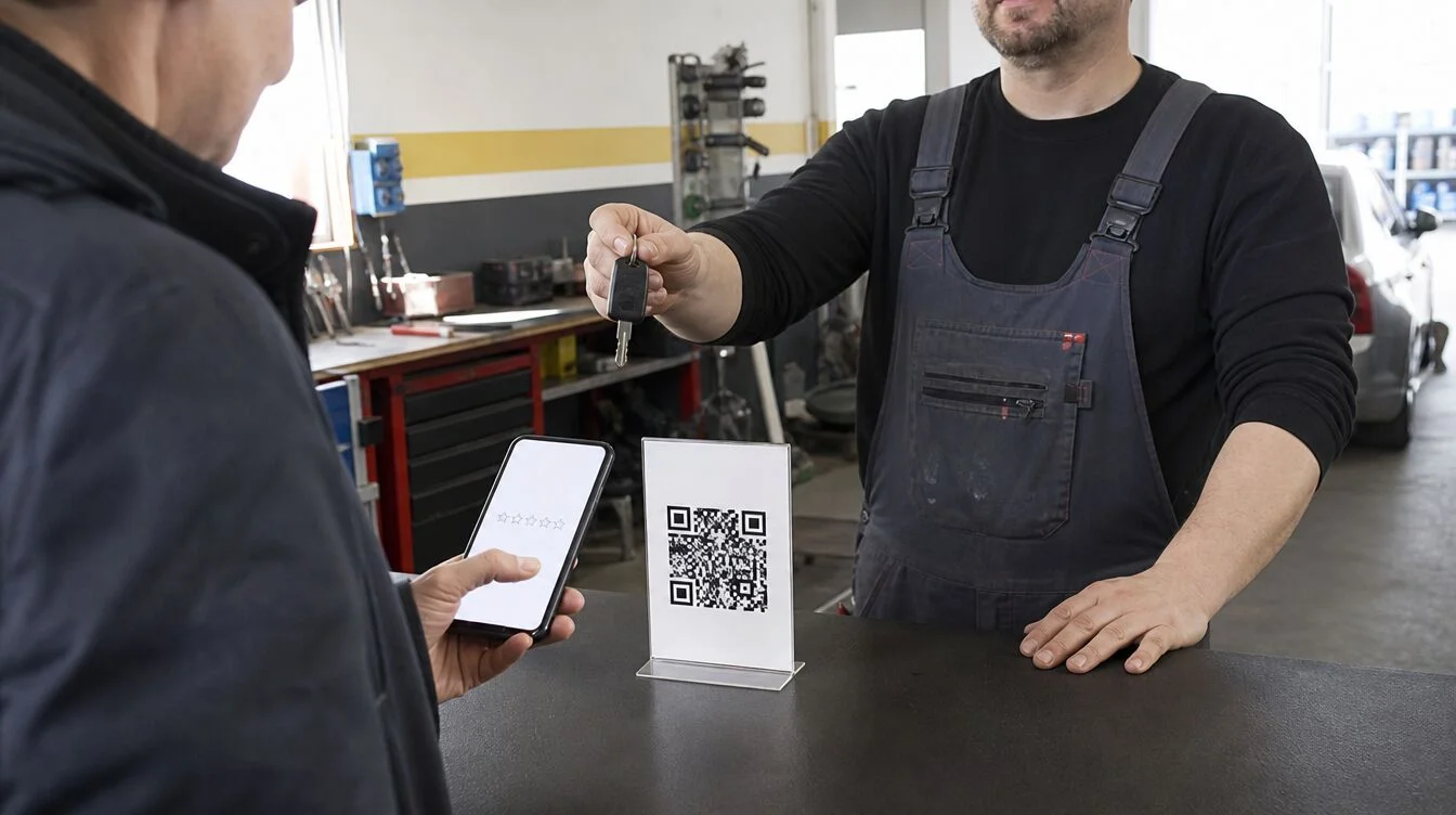Klient warsztatu skanuje kod QR z linkiem do opinii Google przy ladzie