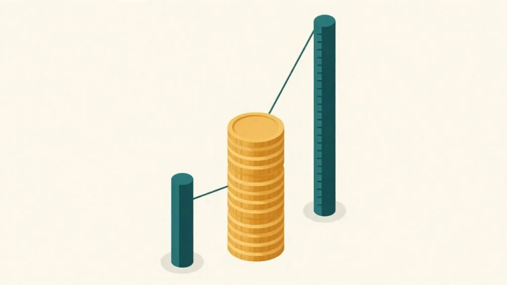One stack of coins measured with two gauges of different heights, a low one on the left and a tall one on the right