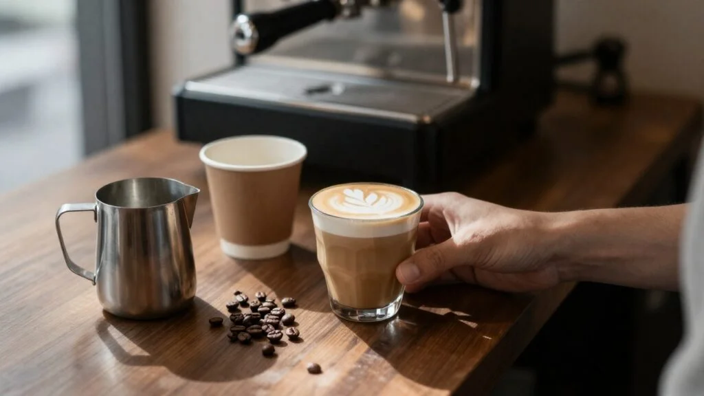 Hands placing a glass of cappuccino on the wooden counter of a coffee shop next to a milk jug and coffee beans