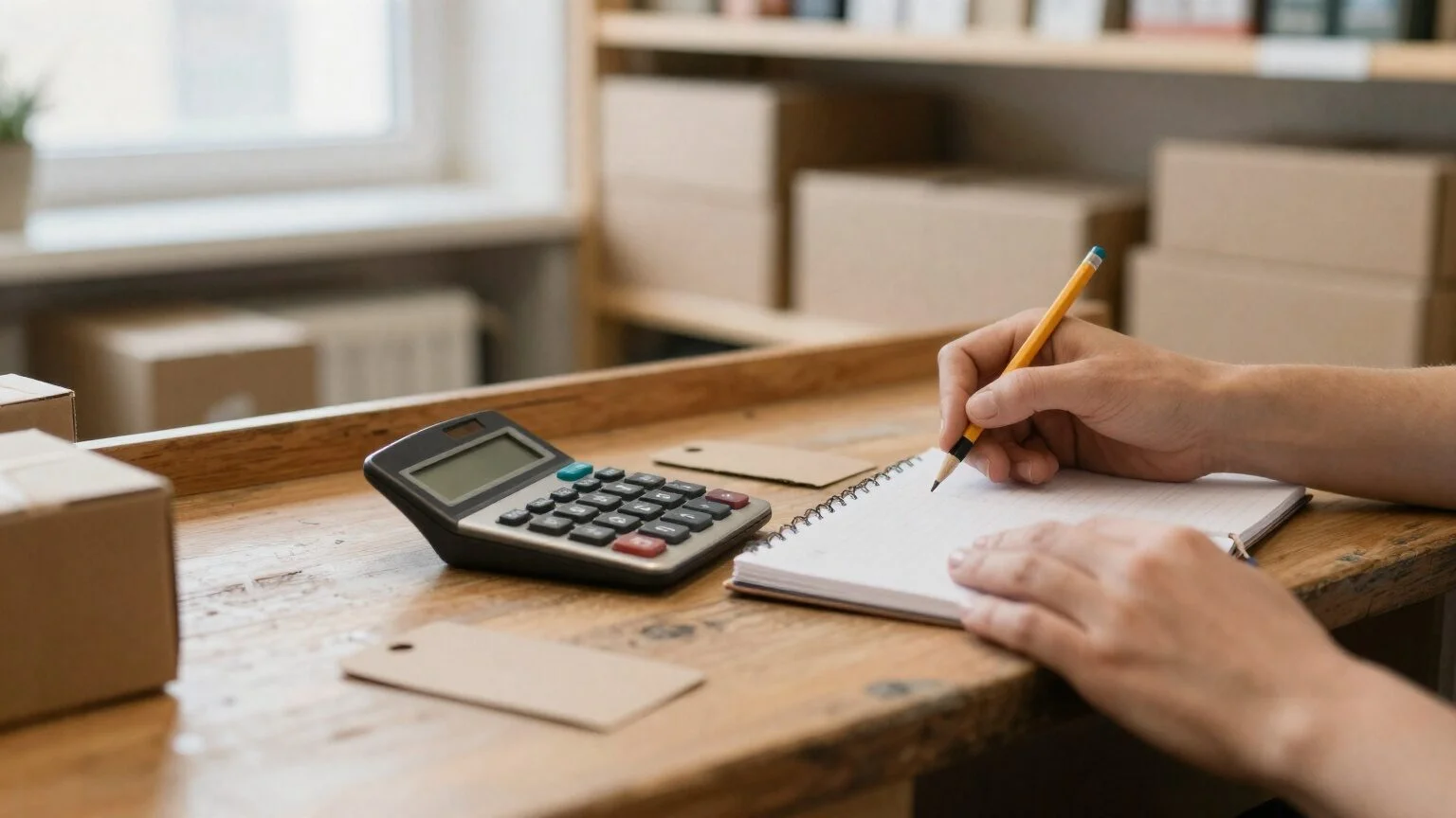 Shop owner's hands at a wooden counter with a calculator, a notebook and shipping boxes