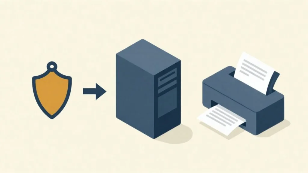 Isometric illustration: a certificate file goes into a computer and a finished invoice comes out of the printer