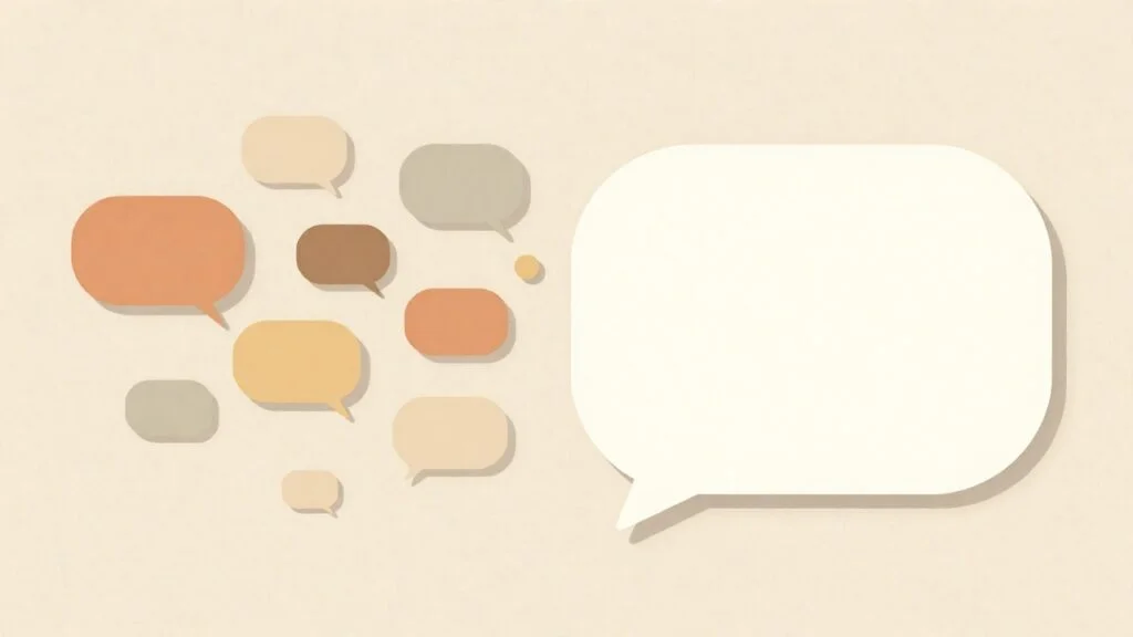 Ilustracja: wiele małych dymków z opiniami łączy się w jeden większy dymek obok reklamy