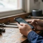 Dłonie mechanika z telefonem nad blatem w małym warsztacie samochodowym