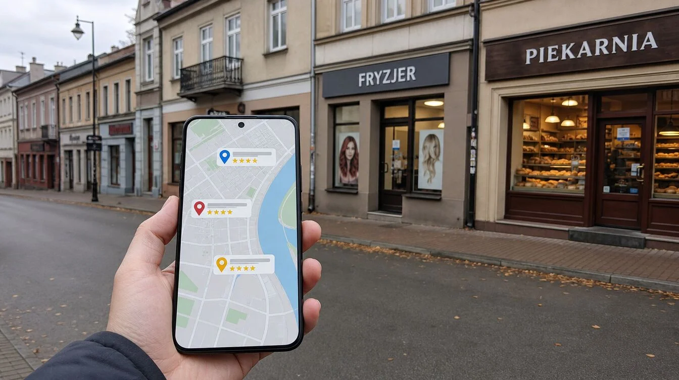 Telefon z mapą i trzema wyróżnionymi firmami na tle lokalnych sklepów