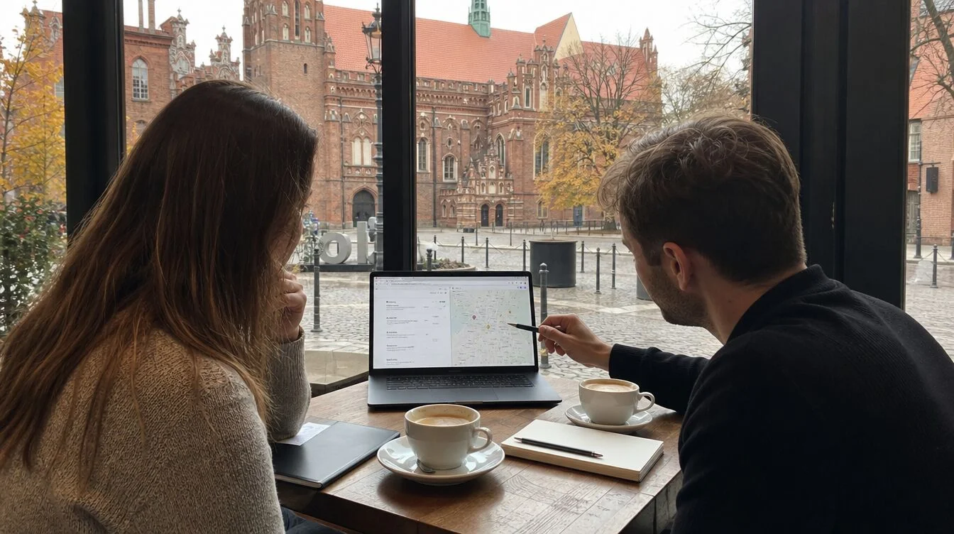 A conversation about SEO over a laptop in a café in an old town