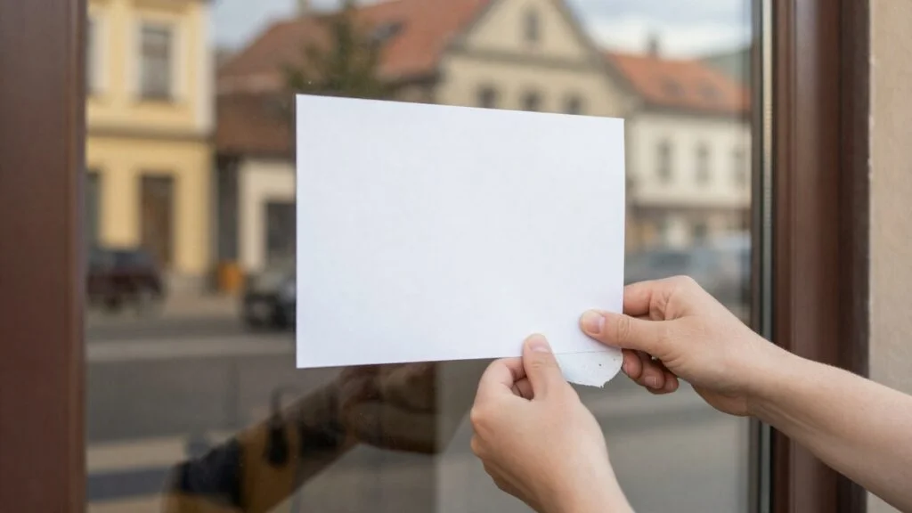 Dłonie właściciela sklepu zdejmujące z szyby drzwi białą kartkę bez napisu, poranne światło