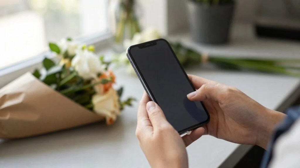 Dłonie kwiaciarki przy blacie trzymają telefon z wygaszonym ekranem, w tle kwiaty i papier