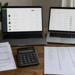 Porównanie kosztów dwóch sklepów internetowych na dwóch laptopach z kalkulatorem