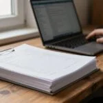 Stos wydrukowanych faktur i segregator na biurku w zapleczu małej firmy, obok zamknięty laptop