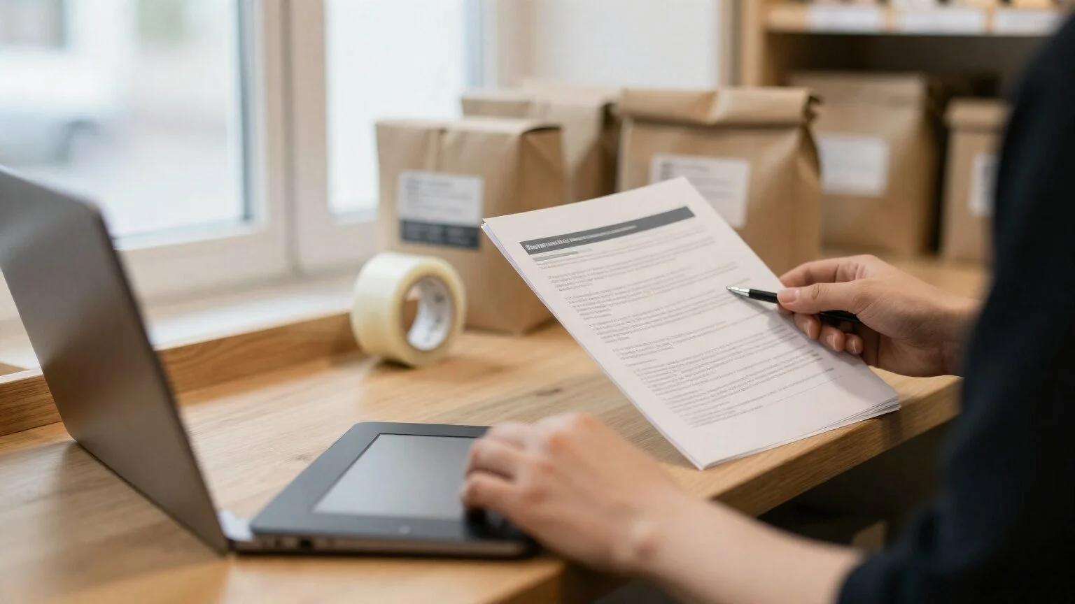Hands of a small store owner at a laptop next to printed terms and conditions lying on a wooden desktop