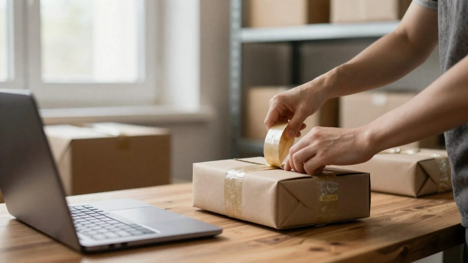 Hands taping up a cardboard box with an order in the back room of a small online store