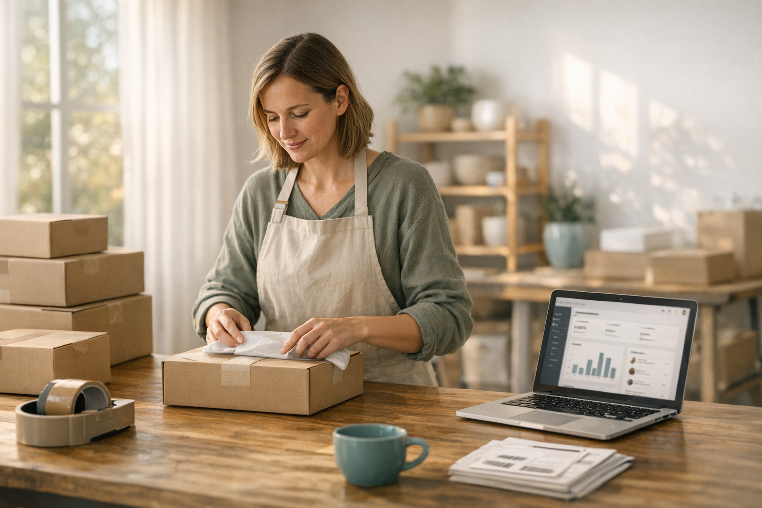 Small business owner packing orders at a desk with a laptop showing the online store dashboard
