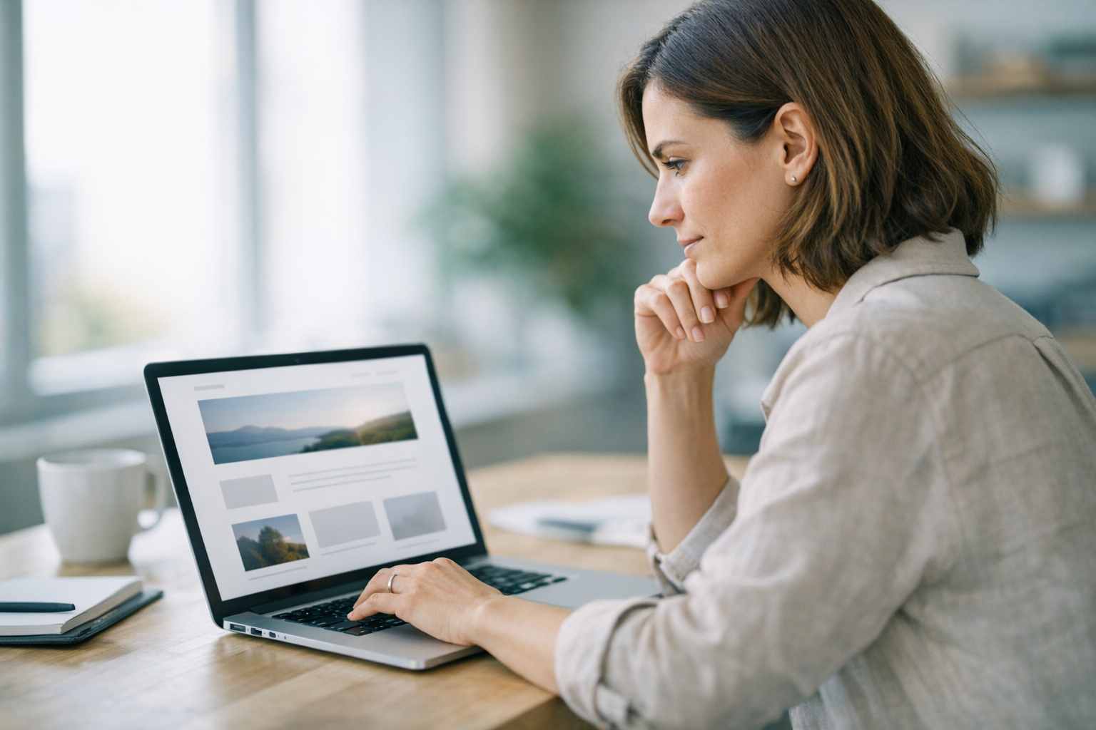 Small business owner analyzing a landing page layout on a laptop in a bright office