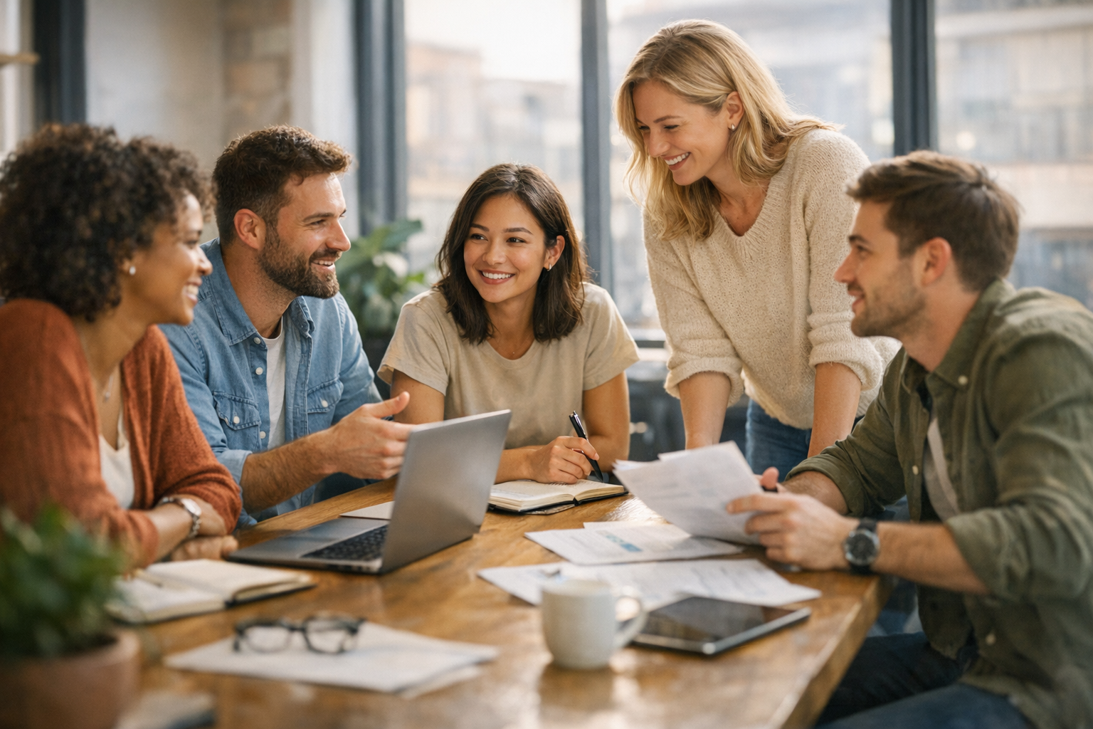 Small business team having a casual conversation in a bright office